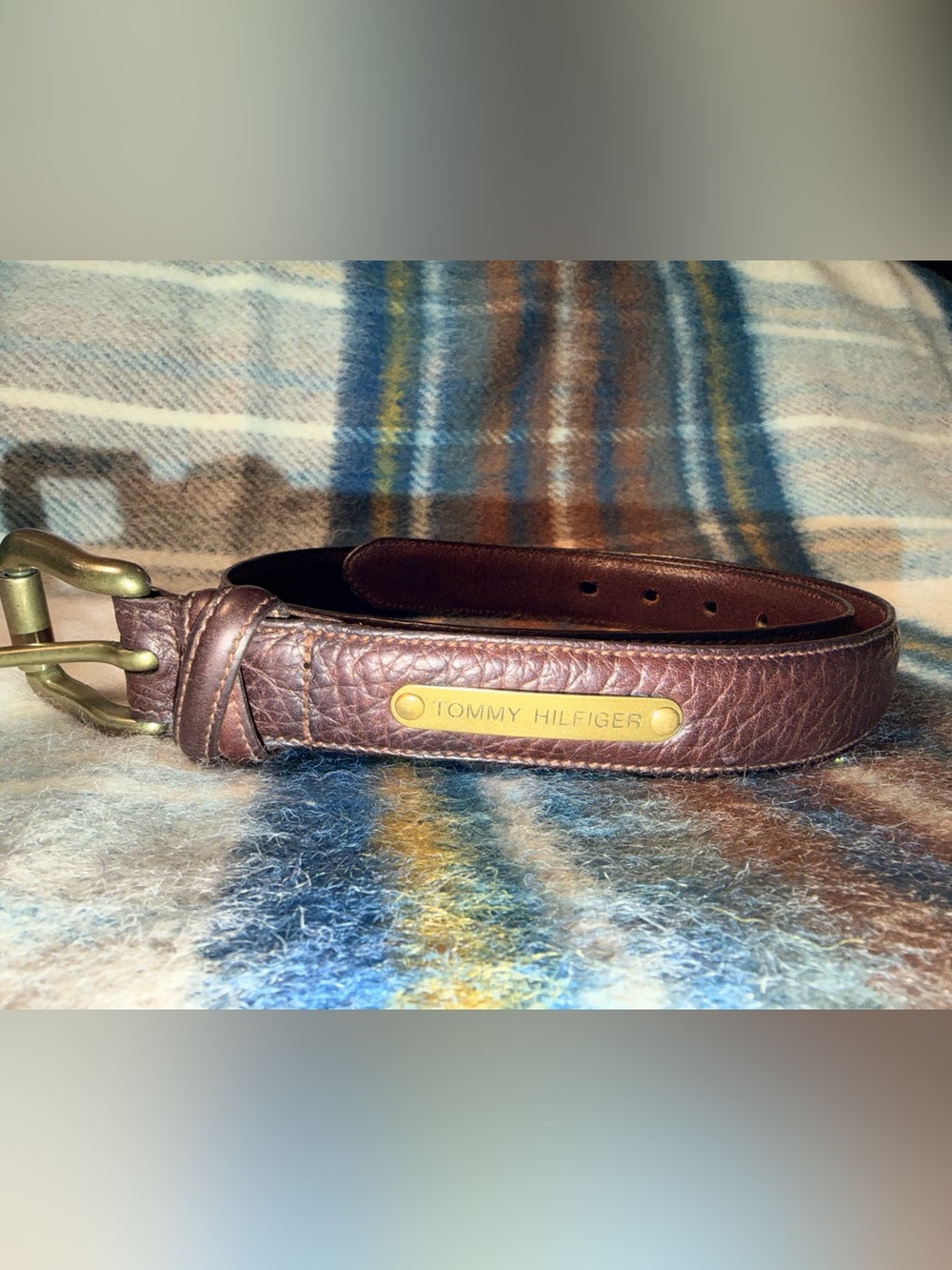 Vintage Tommy Hilfiger Pebbled Leather Belt Brass Nameplate Brown 39”